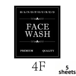 Close-up of black waterproof Face Wash bottle labels with white text and clean design