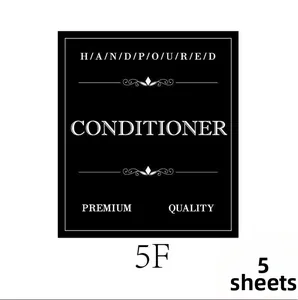 Set of 5 waterproof matte black conditioner labels with white typography for bottles