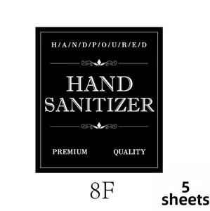 Detailed view of 5 waterproof black hand sanitizer labels with clear white premium lettering