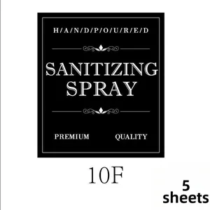 Minimalist black waterproof stickers for sanitizing spray bottles with white text 5 pack