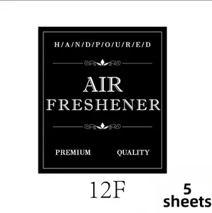 Detailed view of 5 waterproof shampoo and body wash labels with minimalist white text