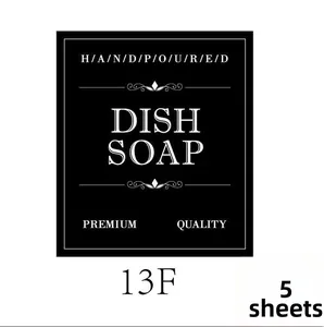 Detail of waterproof black dish soap labels with premium quality decorative border