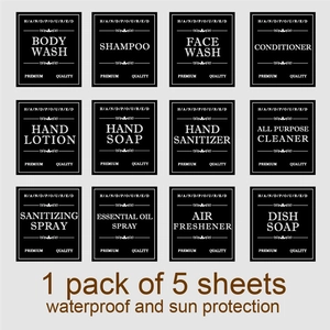 Set of 12 waterproof minimalist labels for shampoo and body wash bottles in 5 sheets
