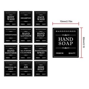 Set of 12 waterproof black and white labels for shampoo and soap bottles 7x8cm