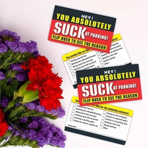 Detailed view of prank parking cards showing multiple funny violation reasons and check boxes