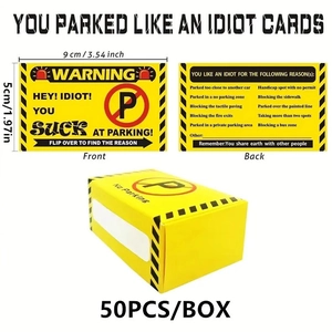 50-pack 'You Parked Like An Idiot' warning cards showing 9x5cm dimensions and checkbox details