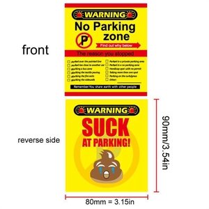 Front and back detail of 3.54 x 3.15 inch yellow bad parking warning cards with checklist