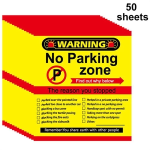 Detailed view of 50 warning stickers listing various illegal parking violation reasons