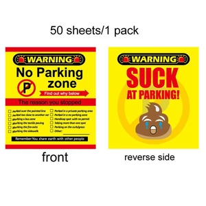 Detailed view of 50 bad parking cards showing violation check-list and sarcastic reverse side