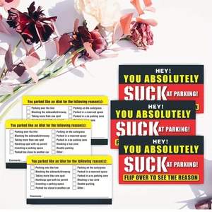 50-pack of You Absolutely Suck at Parking cards with funny violation reasons for cars
