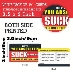 50-pack bad parking cards set with funny violation reasons and double-sided design