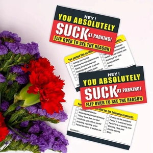 50 Bad Parking cards with bold warnings and checklist for funny parking violations