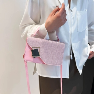 Chic pink leather handbag with glitter flap and gold geometric buckle for women