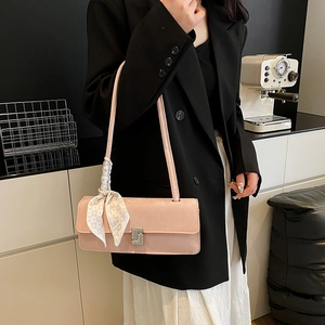 Fashionable pale pink underarm bag with rhinestone buckle and checkered scarf strap