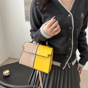Fashion contrast color leather Kelly handbag with adjustable shoulder strap for women