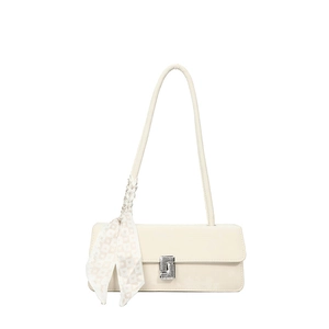 Chic cream white leather shoulder bag with checkerboard silk scarf and silver metal lock