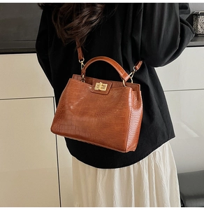 Macro shot of brown crocodile pattern faux leather and golden square twist lock on handbag
