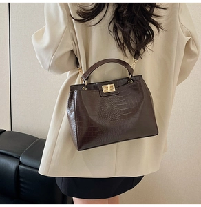Model wearing dark brown crocodile pattern handbag with gold clasp and top handle