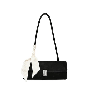 Sac baguette noir élégant en daim avec boucle en strass et décoration d'écharpe en soie à carreaux