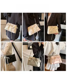 Collage of fashion crossbody bags with large bows and chain straps in various colors