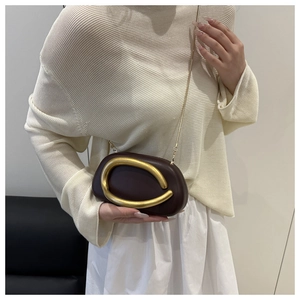 Detail of dark brown leather clutch with large gold C-shaped buckle and metal chain strap