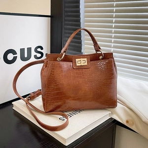 Women Crocodile Pattern PU Leather Handbag Retro Embossed Crossbody Bag Metal Lock Vintage Top Handle Shoulder Bag