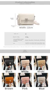 Size chart showing 22x17x7cm dimensions for PU leather crossbody bag with chain strap