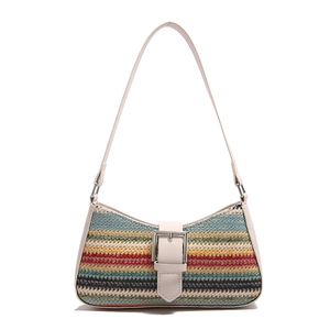 Colorful striped straw shoulder bag with creamy white leather trim and metal buckle