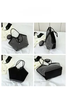 Detailed views of a black rhinestone tote bag with a matching circular coin purse