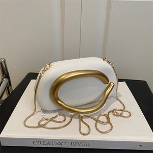 PU Leather Women Small Crossbody Bag Large Gold Metal Handle Removable Chain Strap Evening Clutch Trendy Artistic Purse