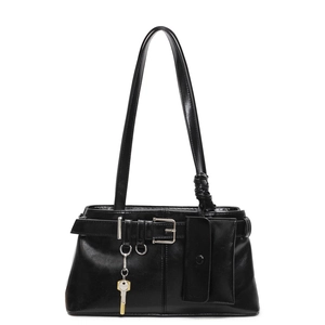 Chic black glossy leather underarm bag with metal buckle and detachable mini pouch