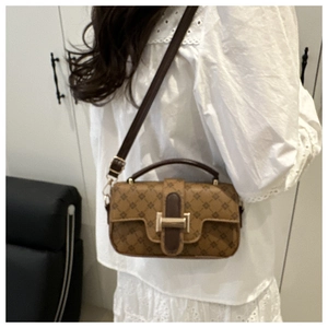 Detailed view of the brown monogram crossbody bag with gold hardware and top handle