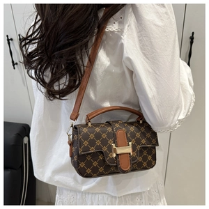 Detailed back view of a brown patterned crossbody bag with gold buckle on a model