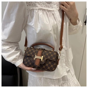 Close-up of vintage brown patterned crossbody bag with golden H buckle and strap