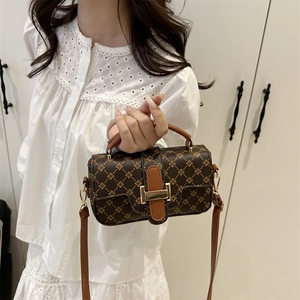 Brown monogram small square handbag with golden clasp and leather top handle for women