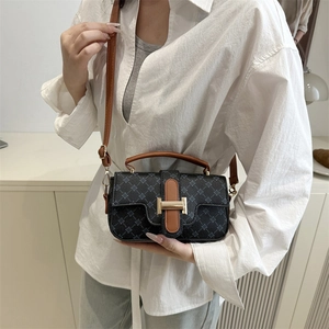 Chic grey patterned small crossbody bag with brown leather straps for women