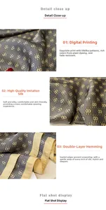 Macro detail of high-quality faux silk scarf showing golden geometric print and stitching