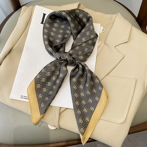 Elegant dark grey polka dot silk scarf with gold geometric patterns and contrast border