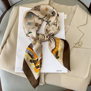 Champagne silk square scarf with bohemian feather prints and brown border for women