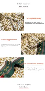 Detail view of imitation silk scarf featuring digital printing and double-layer hemming