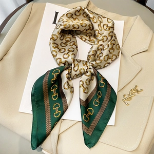 Elegant Faux Satin Square Scarf For Women Retro Horsebit Chain Printed Satin Professional Neck Decor Hair Tie