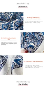 Detail view of digital floral paisley print on premium silk-feel scarf with double-seam edges