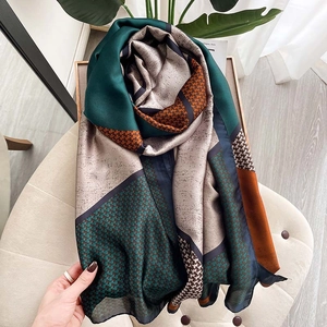French style long geometric patchwork silk scarf with houndstooth and silk texture