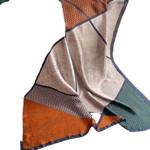 Fashion geometric colorblock silk scarf with houndstooth pattern and orange green tones