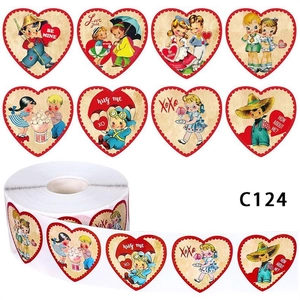 Detail view of heart-shaped vintage stickers for Valentine crafts on a roll