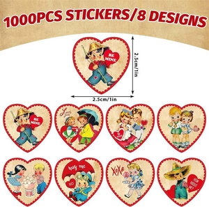 Detail of 1000 Valentine's Day stickers with retro heart designs and 1-inch dimensions