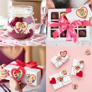 Retro heart-shaped Valentine stickers on gift boxes and dessert jars for decoration
