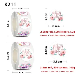 Detail showing two sizes of Mother's Day floral roll stickers with 2.5cm and 3.8cm diameters