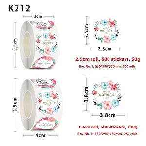 Detail showing two sizes of Mother's Day floral roll stickers with 2.5cm and 3.8cm diameter