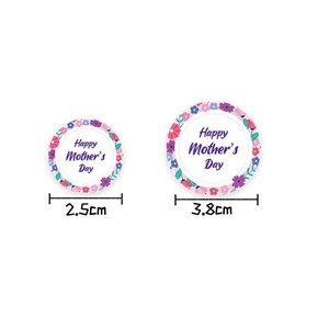 Detail of Mother's Day floral stickers showing 2.5cm and 3.8cm size specifications